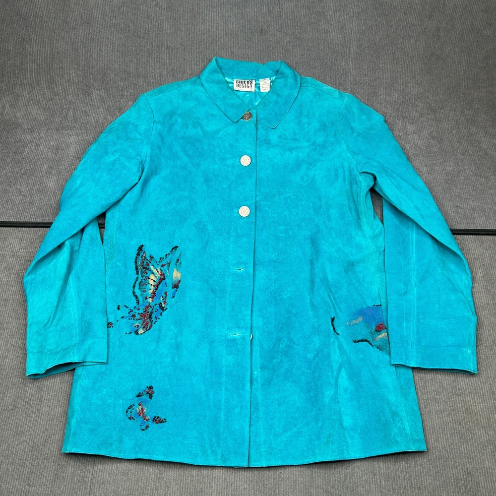 Chico's Design Leather Jacket Turquoise Butterfly Beaded Button Front Size 1